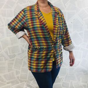 Vintage 80's Cotton Lined Blazer Jacket Plaid M